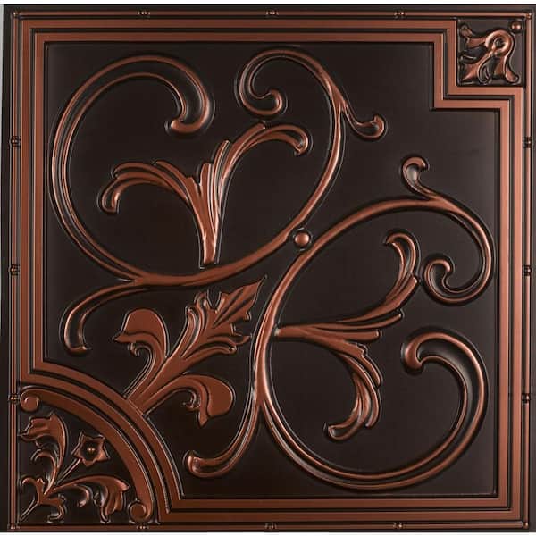 Lilies and Swirls Antique Copper 2 ft. x 2 ft. PVC Lay-in or Glue-up Faux Tin Ceiling Tile (200 sq. ft. /Case)