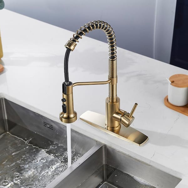 Single Handle Pull Down Sprayer Kitchen Faucet with High Arc Spring Neck in Gold