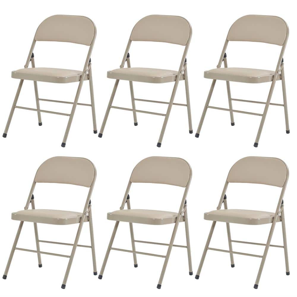 Set of 6 Light Brown Faux Leather Armless Folding Chairs with Metal Frame