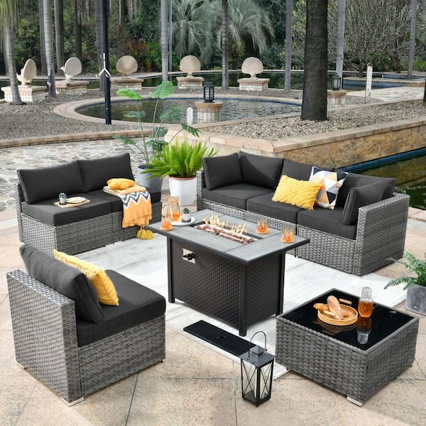 Messi Gray 8-Piece Wicker Outdoor Patio Conversation Sectional Sofa Set with a Metal Fire Pit and Black Cushions