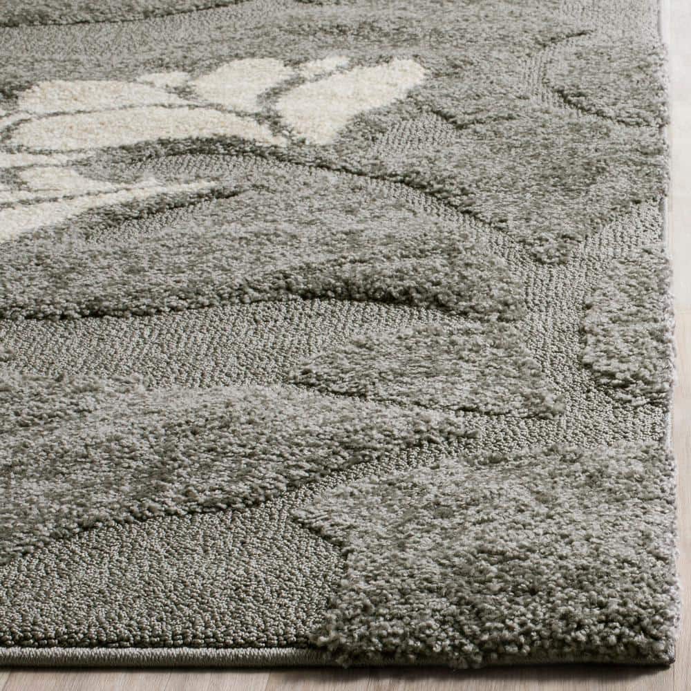 Grey and Beige Floral Shag Synthetic Area Rug