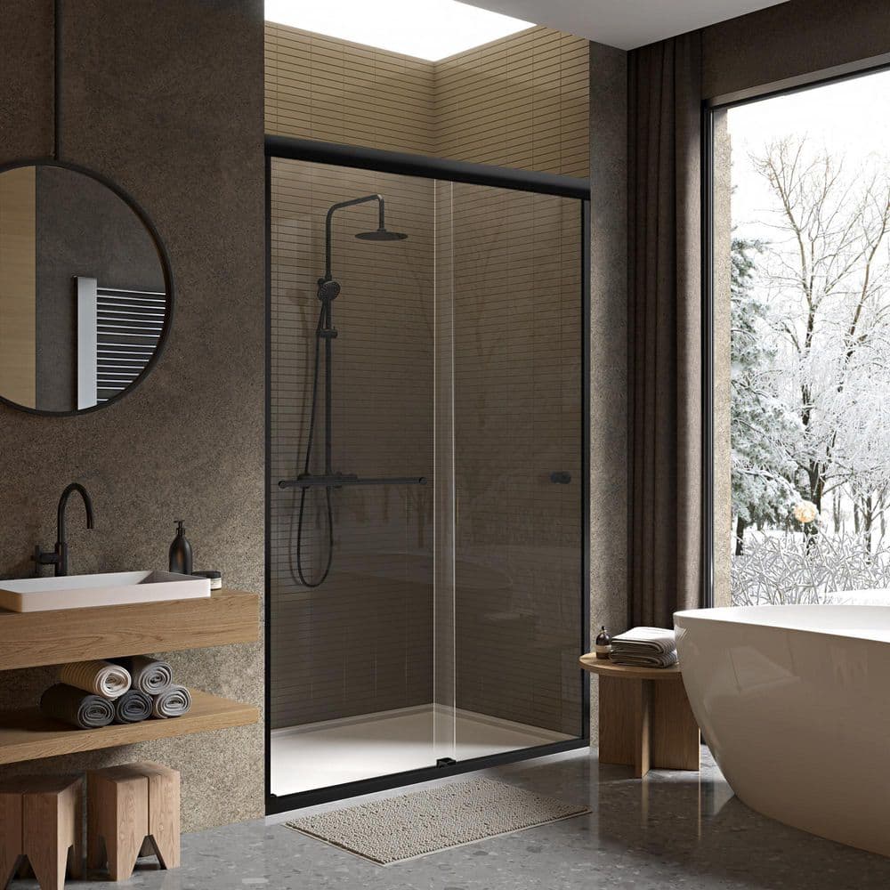 Matte Black Semi-Frameless Sliding Shower Door with Clear Glass