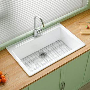 Fireclay Kitchen Sink 33 in. Drop in Topmount Single Bowl White Kitchen Sink 1 Faucet Hole with Bottom Grid and Strainer