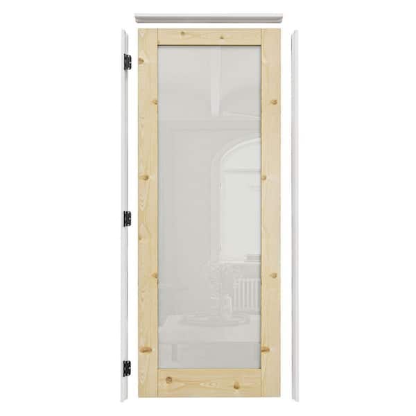 30 in. x 96 in. 1-Lite Frosted Glass Right Handed Solid Core UnFinished Pine Wood Door Kit with Quick Assemble Jamb