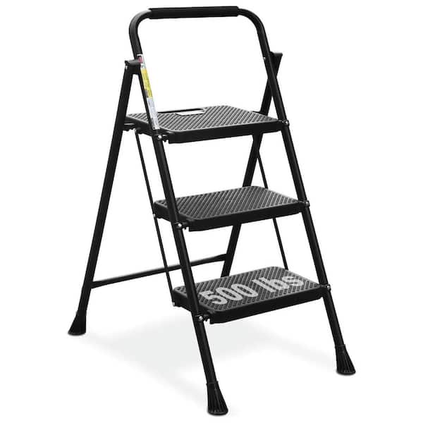 Anti-Slip 3 Step Folding Ladder with Pedal and Convenient Handgrip, 20.1 x 44.5 in. Black Reach 30.9 ft. Steel