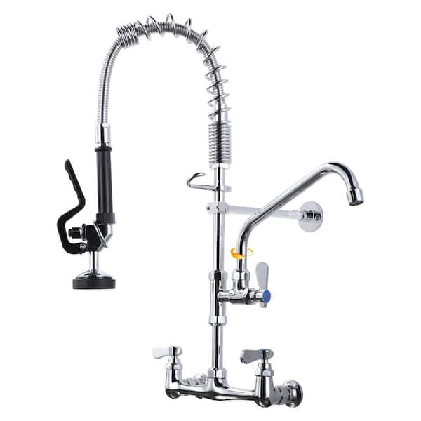 25 in Wall mounted faucet Triple Handle Pull Down Sprayer 360 Degree Spout Swivel Kitchen Faucet in Polished Chrome