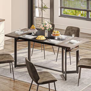 Gray Wood 70 in. 4 Legs Dining Table with Dual-tier Storage Rack Seats 6-8 People