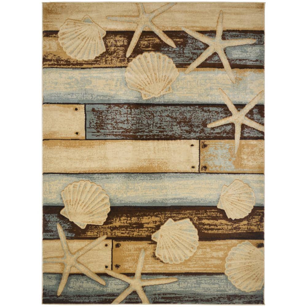 Coastal Blue and Beige Synthetic Rectangular Area Rug
