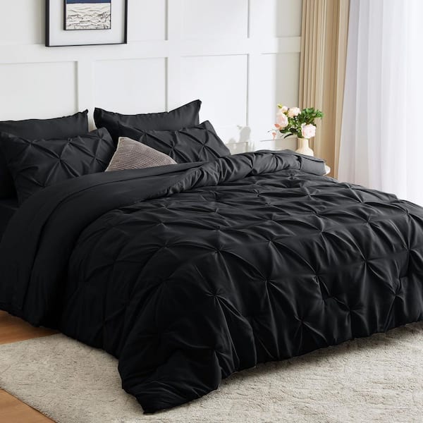 Black Pintuck Queen 7 Pieces Microfiber Comforter Set with Comforter, Flat Sheet, Fitted Sheet and Pillowcases and Shams