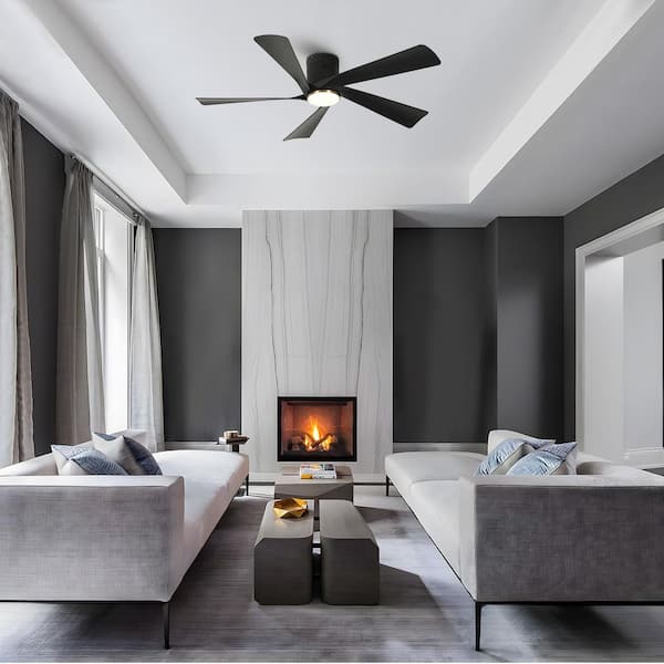 52 in. Smart Indoor Modern Black Low Profile Flush Mount Ceiling Fan with Light Integrated LED with Remote 5-Blades