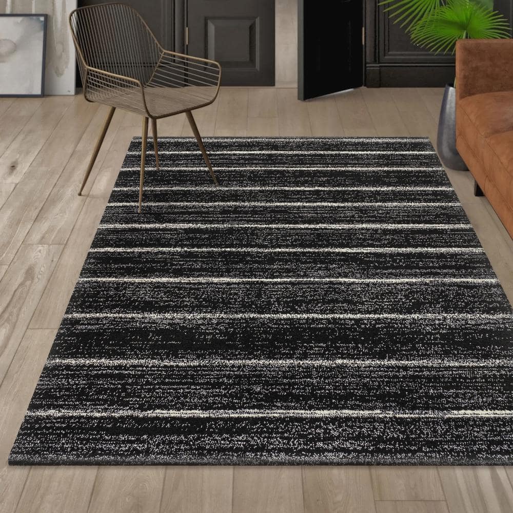Williamsburg Minimalist Stripe Black and Cream Synthetic Rectangular Area Rug