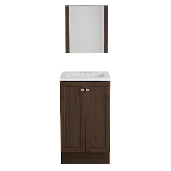 Glacier Bay Highview 18 in. W Bathroom Vanity in Bark with Cultured Marble Vanity Top in White with White Basin and Mirror
