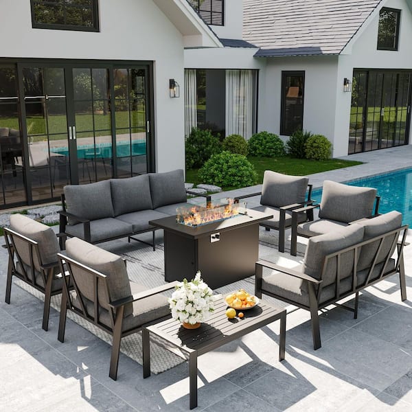 9-Person 8-Pieces Outdoor Aluminum Sofa Set with Gray Cushions, Fire Pit Table and Coffee Table