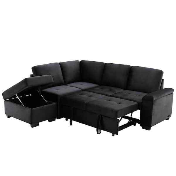 87.4 in. L Shape Velvet Sectional Sofa in. Black 5 Seat Sofa Bed