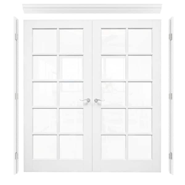 72 in. x 96 in. 10-Lite Clear Glass Universal White Solid Core Glass Double Prehung French Door plus Quick Assemble Jamb