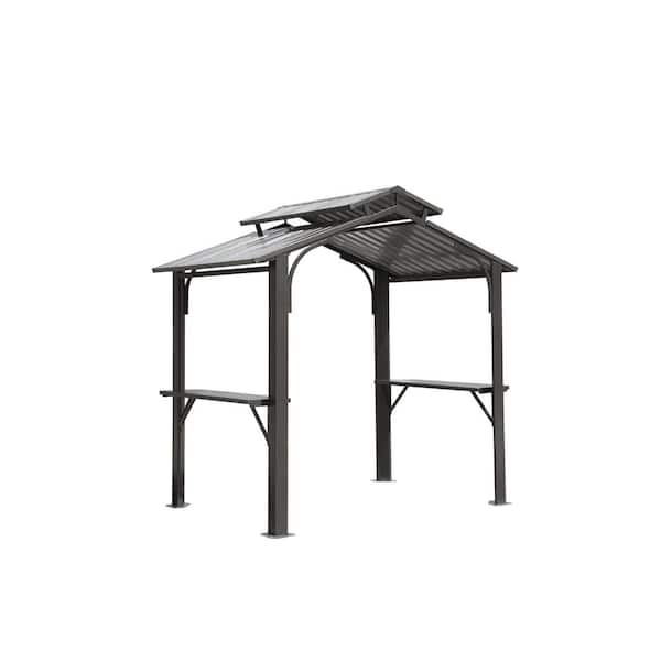 8 ft. x 5 ft. Hardtop BBQ Grill Gazebo,Galvanized Steel Double Roof Sun Shade Canopy Shelter 2-Side Shelves Ceiling Hook