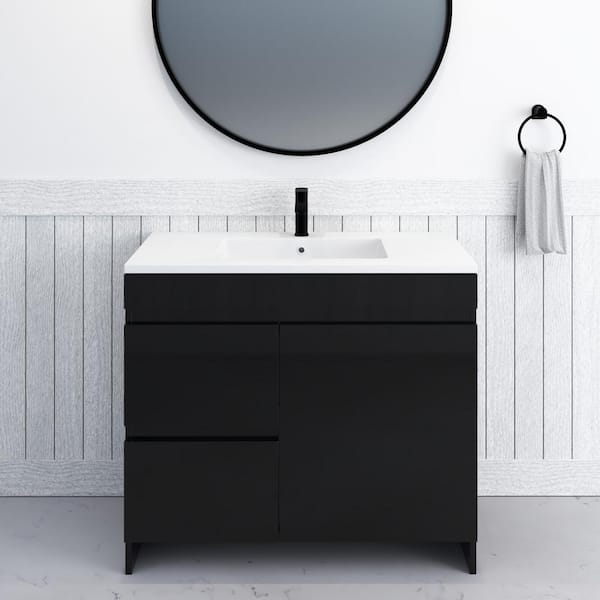 VOLPA USA AMERICAN CRAFTED VANITIES Mace 36 in. W x 20 D Single Sink Bathroom Vanity Left Side-Drawers in Glossy Black with Acrylic Integrated Countertop