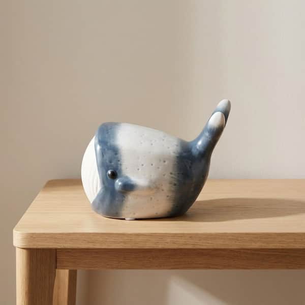 Blue 6 in. x 5 in. Stoneware Novelty Coastal Ombre Whale Figurine