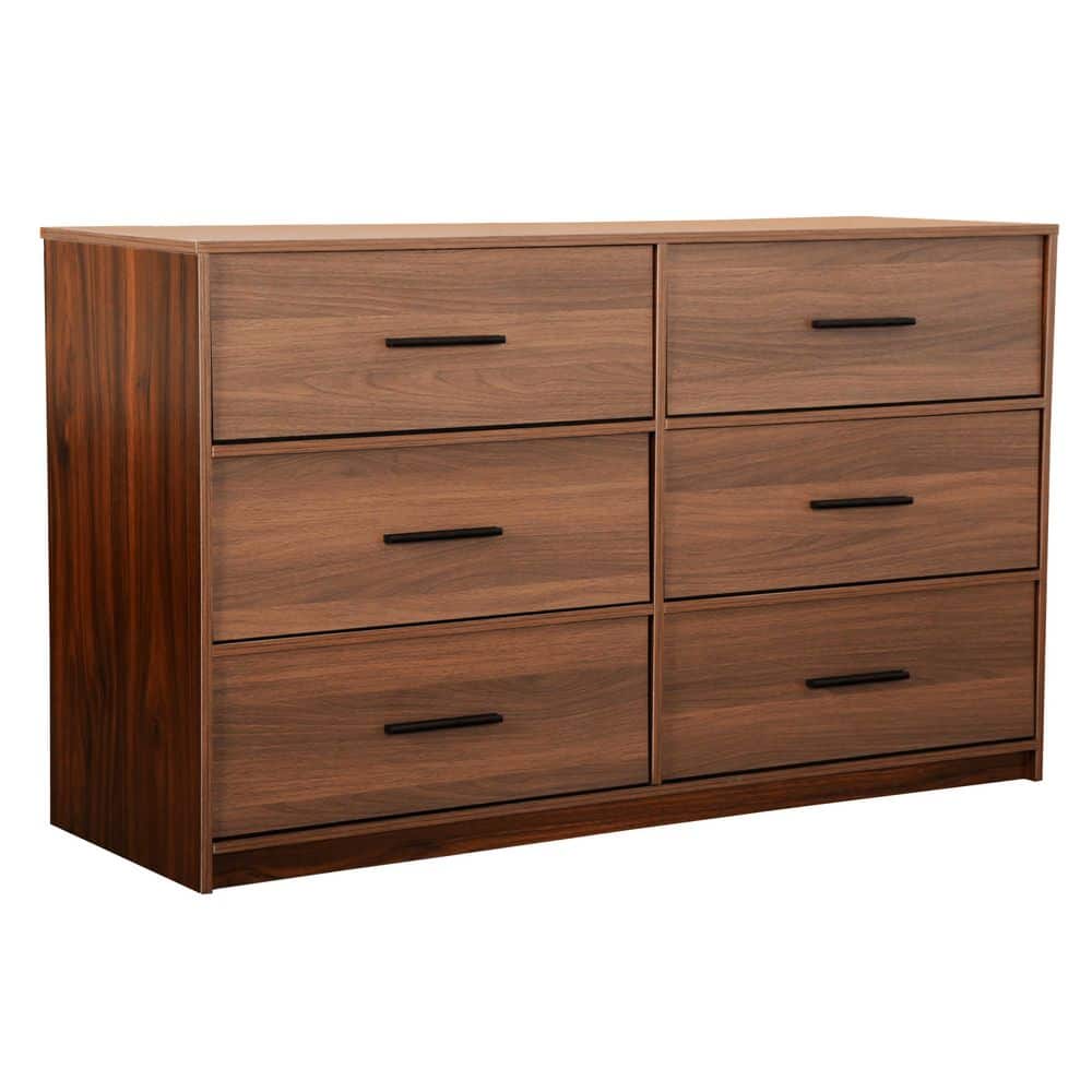 Walnut Brown 6-Drawer Double Dresser with Fabric Bins
