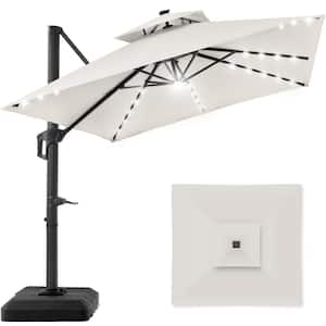 10 ft. Solar LED 2-Tier Square Cantilever Patio Umbrella with Base Included in Ivory