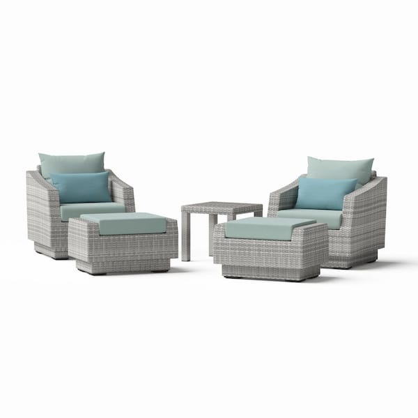 Cannes 5-Piece All Weather Wicker Patio Club Chair and Ottoman Conversation Set with Sunbrella Spa Blue Cushions
