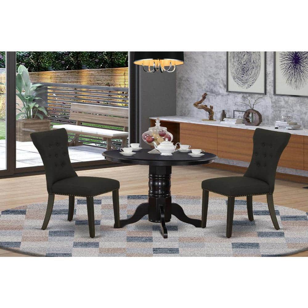 3-Piece Black Finish Solid Wood Top-Round Dining Room Set-Seats 4