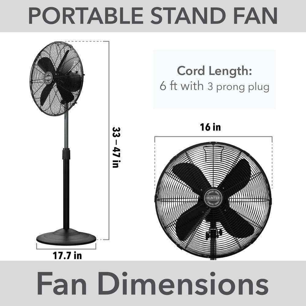 Hunter Matte Black 48" Oscillating Pedestal Fan with Adjustable Height