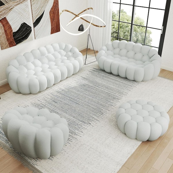 Modern 4-Piece Gray Mesh Fabric Lazy Floor Bean Bag Living Room Set Curved Bubble Couch Curved Sofa Set