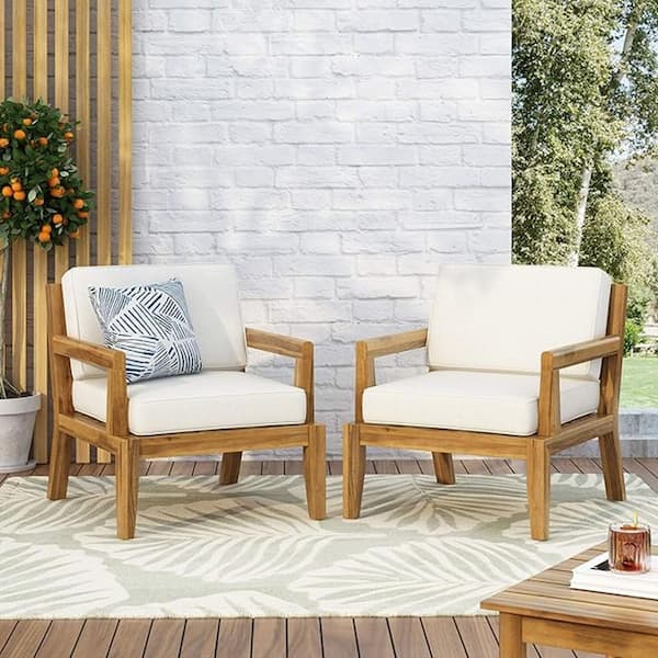 (Set of 2) Patio Club Teak Wood Outdoor Lounge Chair with Water-Resistant Beige Cushion for Porch, Garden
