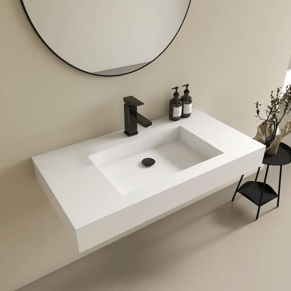 Vetra 35 x 19 in. Solid Surface Wall Mount or Countertop Bathroom Double Vessel Sink with Faucet Holes in Matte White
