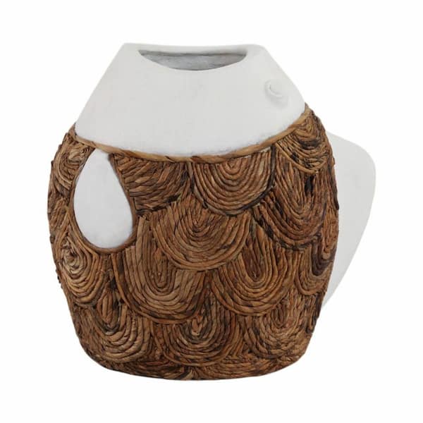 11 in. Ivory Terra Cotta Round Woven Scale Fish Decorative Vase