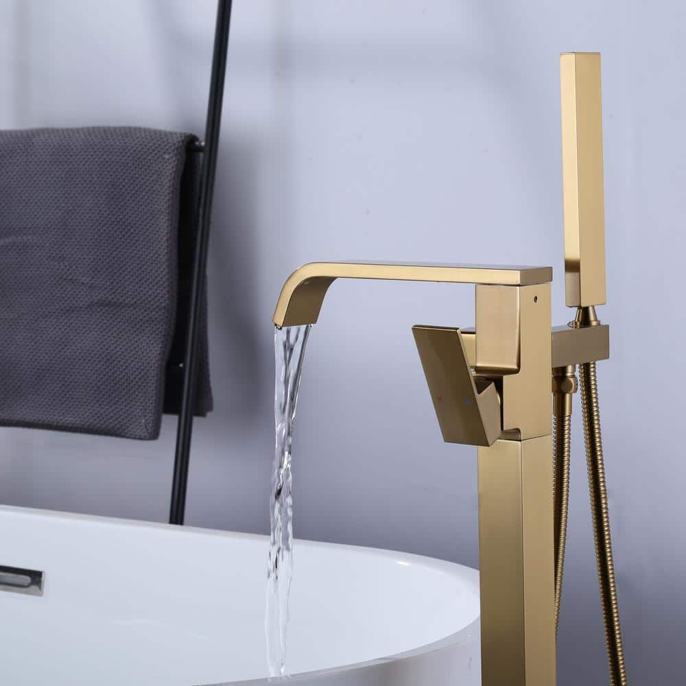 Gold Single Handle Floor Mounted Tub Filler with Handshower