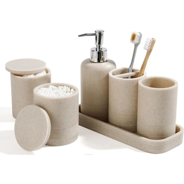 6-Piece Bath Accessory Set with Toothbrush Holders, Soap Dispenser, Vanity Tray, Tumbler and Cotton Swab Jars in Beige