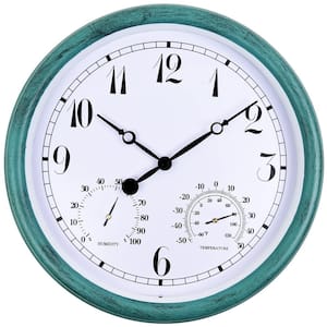 15 in. Indoor/Outdoor Waterproof,with Thermometer and Hygrometer Combo,Round Silent Battery Operated Quartz Wall Clock