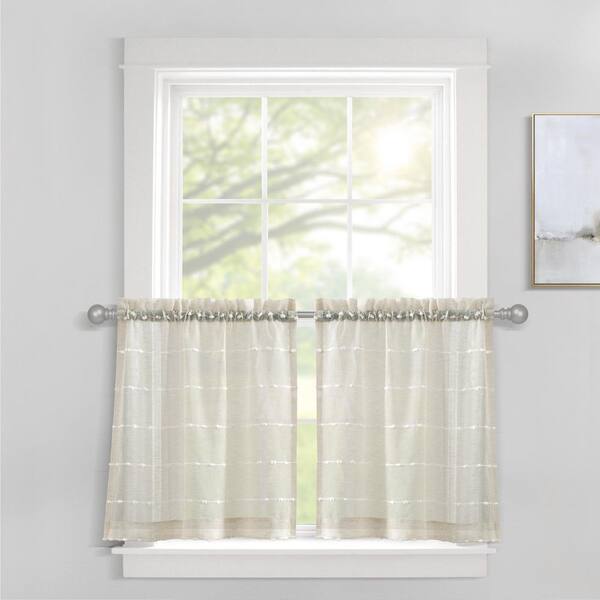 HOMEBOUTIQUE Farmhouse 58 in. W x 36 in. L Textured Sheer Kitchen Tiers Beige 1.5 Set (Each 29 in. W x 36 in. L Plus 1.5)