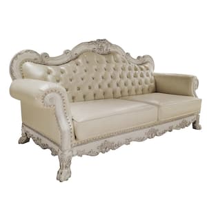 Dresden 37.5 in. Rolled Arm Faux Leather Rectangle Nailhead Trim Sofa in. Synthetic Leather & Bone White Finish