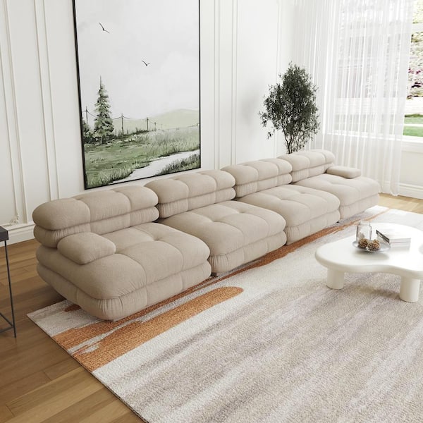 Magic Home Vintage 146 in. Square Arm 4-Piece Velvet Curved Soriana Sectional Sofa in Light Brown