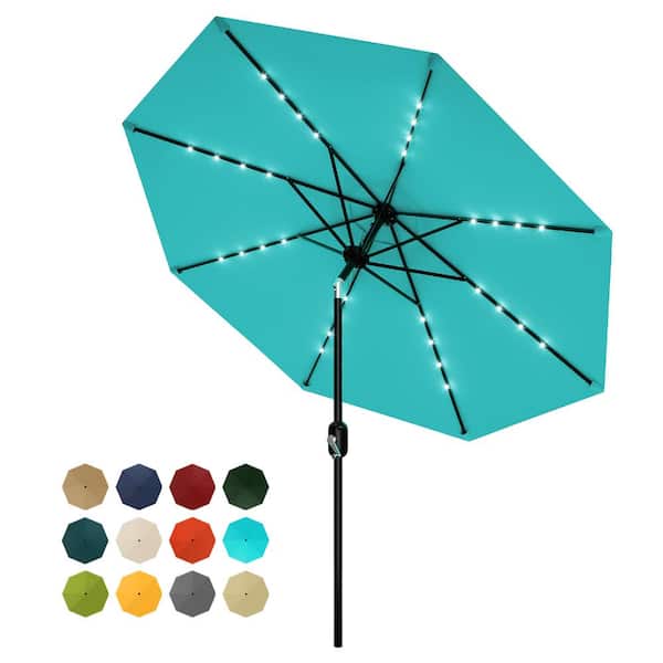 Solar LED Lighted Patio Umbrella 9FT 32 Lights, 8 Ribs, Waterproof, UV Resistant, Tilt & Crank, for Backyard Lake blue