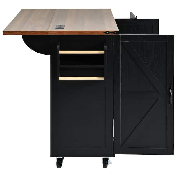 Unbranded Farmhouse Black Particle Board Wood 54.5 in. W Kitchen Island with Power Outlet, Internal Storage Rack and Drop Leaf