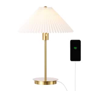 Freida 21.25 in. Brass Gold LED Table Lamp White Modern Glam Metal Column with USB Charging Port and Pleated Shade