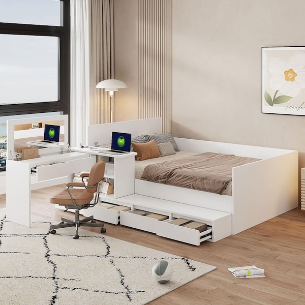 White Wood Frame Full Size Platform Bed with 6 Drawers, Shelves and Dressing Table