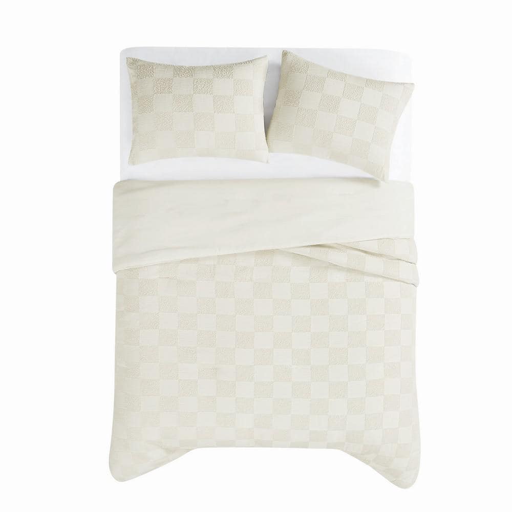 Cream Textured Checkered Queen Duvet Cover Set