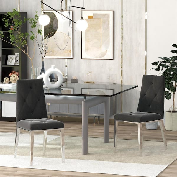 GOJANE Modern Chrome Legs Black Velvet Fabric Dining Chairs (Set of 2)