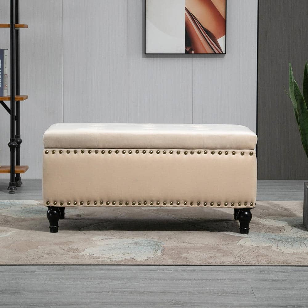 Maypex Beige Color Velvet Storage Bench With Nailhead Trim 17.7 In. H X ...