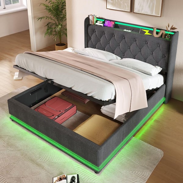 Gray Metal Frame Queen Size Upholstered Platform Bed with LED Function and USB Type-C Charging