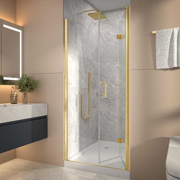 34-36 in. W x 72 in. H Bi-Fold Frameless Shower Door in Brushed Gold with Clear Glass
