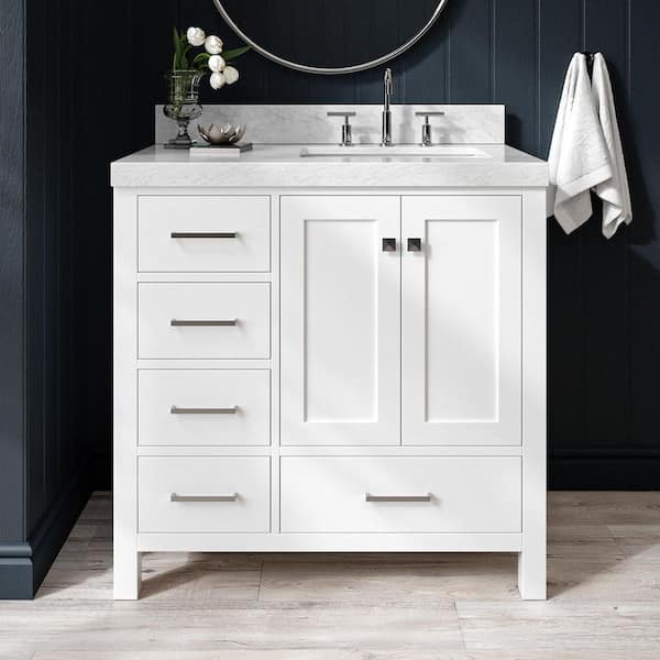 Cambridge 36 in. Single Sink Freestanding Bathroom Vanity in White with Carrara White Marble Top