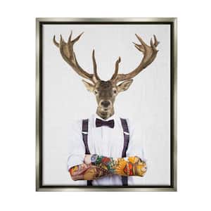 Tattooed Hipster Deer Antlers Suspenders Bowtie Outfit by Tai Prints Floater Frame Animal Wall Art Print 31 in. x 25 in.