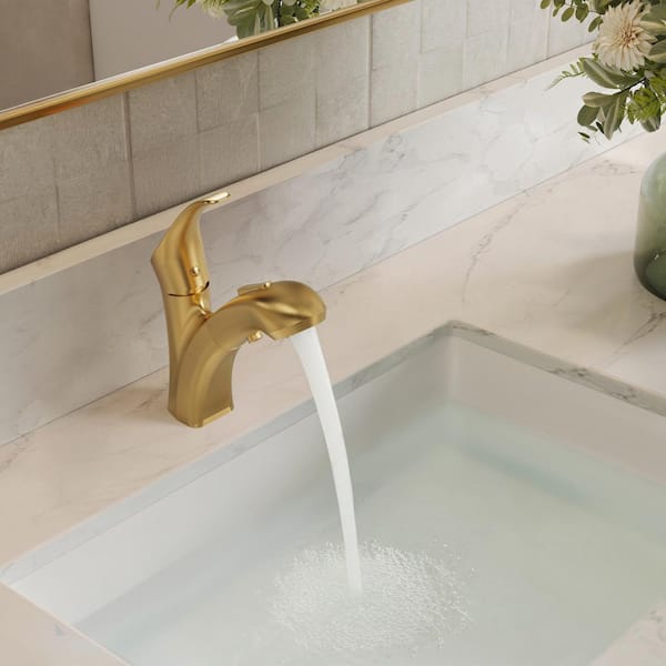 2-Spray Single-Handle Single-Hole Pull Out Sprayer Bathroom Sink Faucet with Drain Included in Brushed Gold