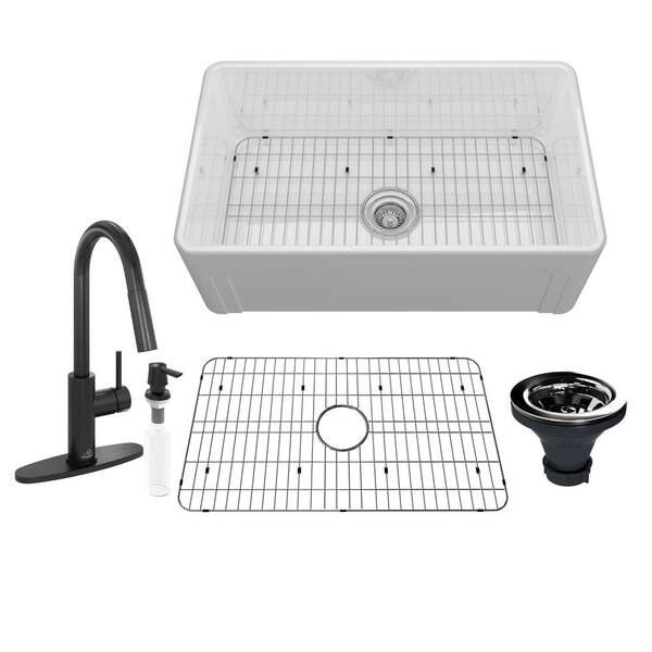 CASAINC Black Fireclay 30 in. Single Bowl Farmhouse Apron Kitchen Sink with Two-Function Pull Down Kitchen Faucet, 30 in. Matte Black Fireclay Kitchen